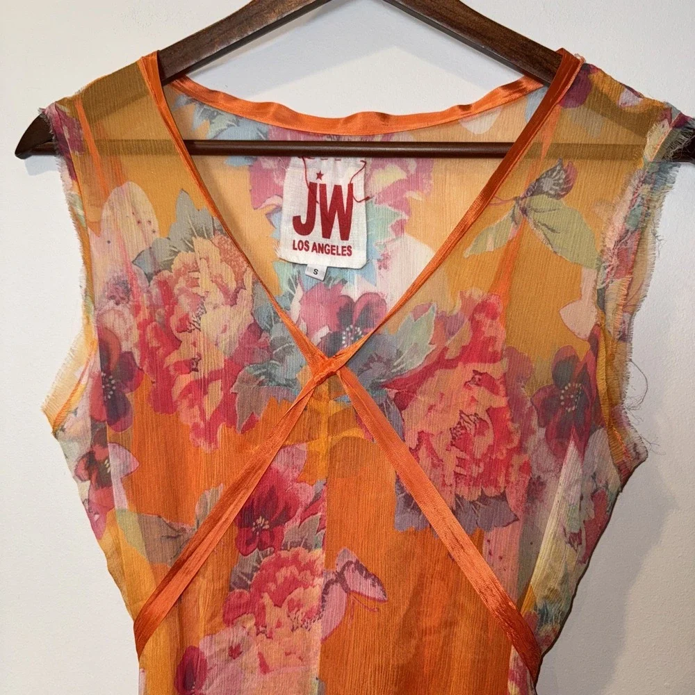 JOHNNY WAS 100% Silk Maxi Dress Sz S Orange Floral Tiered Lined Boho Ribbon Slip - Picture 6 of 16